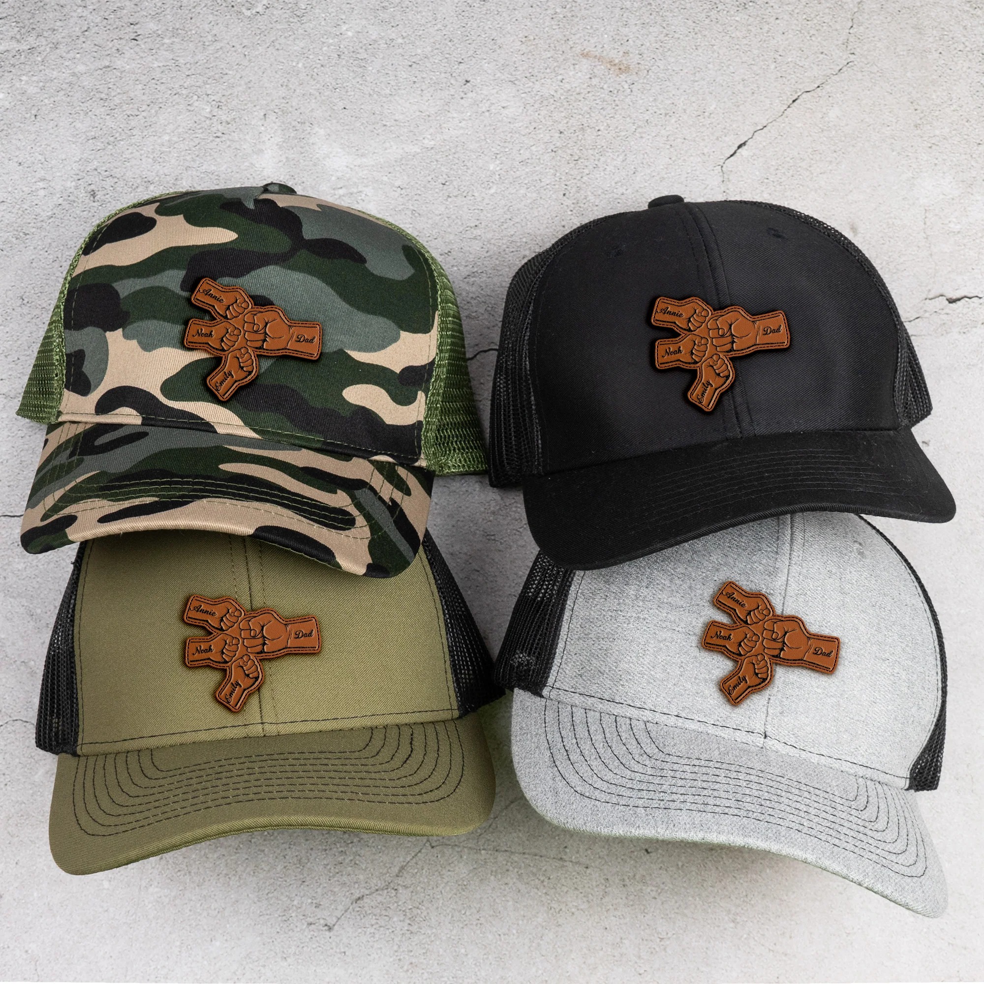 Custom Hat With Kids Names Fist Bump - Personalized Leather Patch Hat