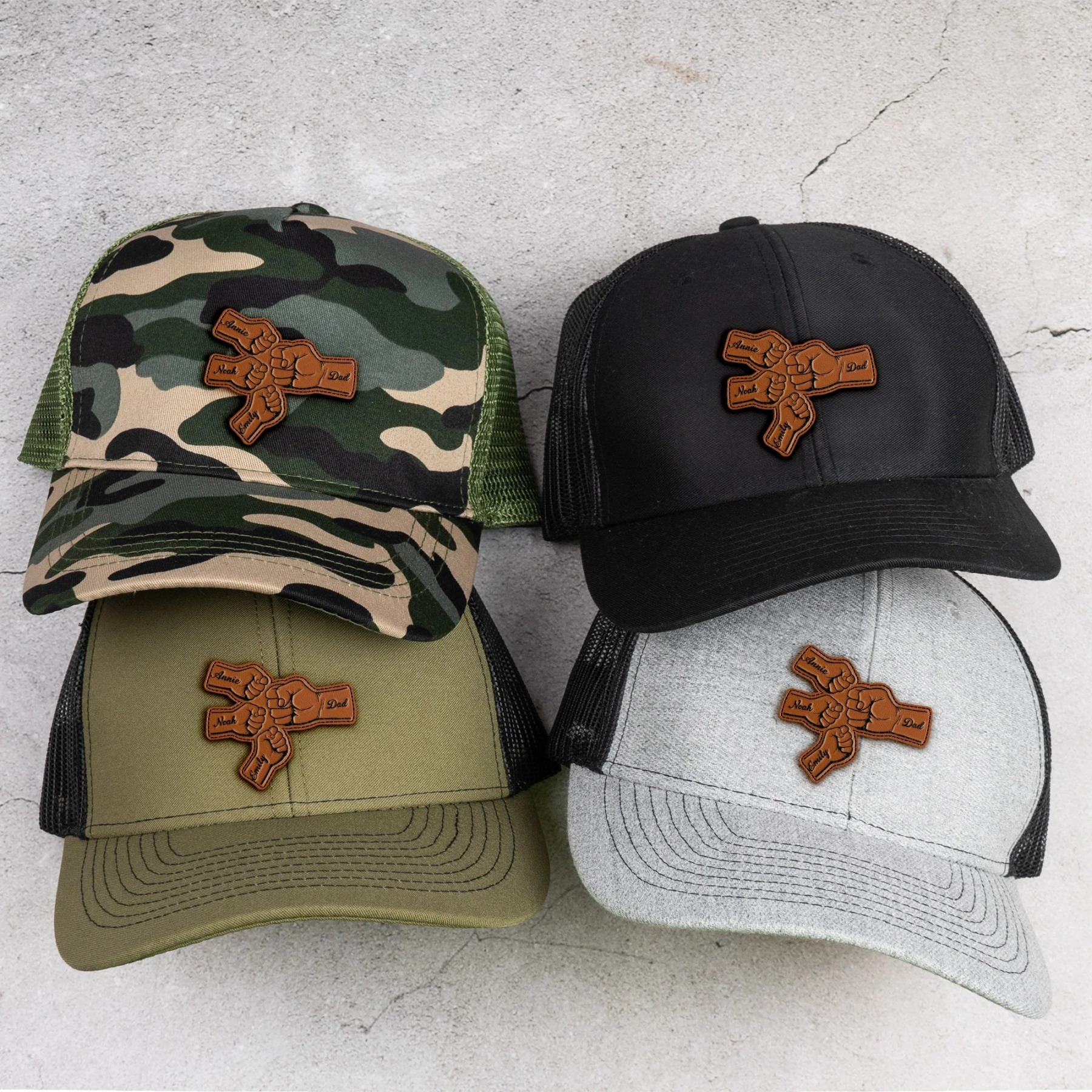 Custom Hat With Kids Names Fist Bump - Personalized Leather Patch Hat