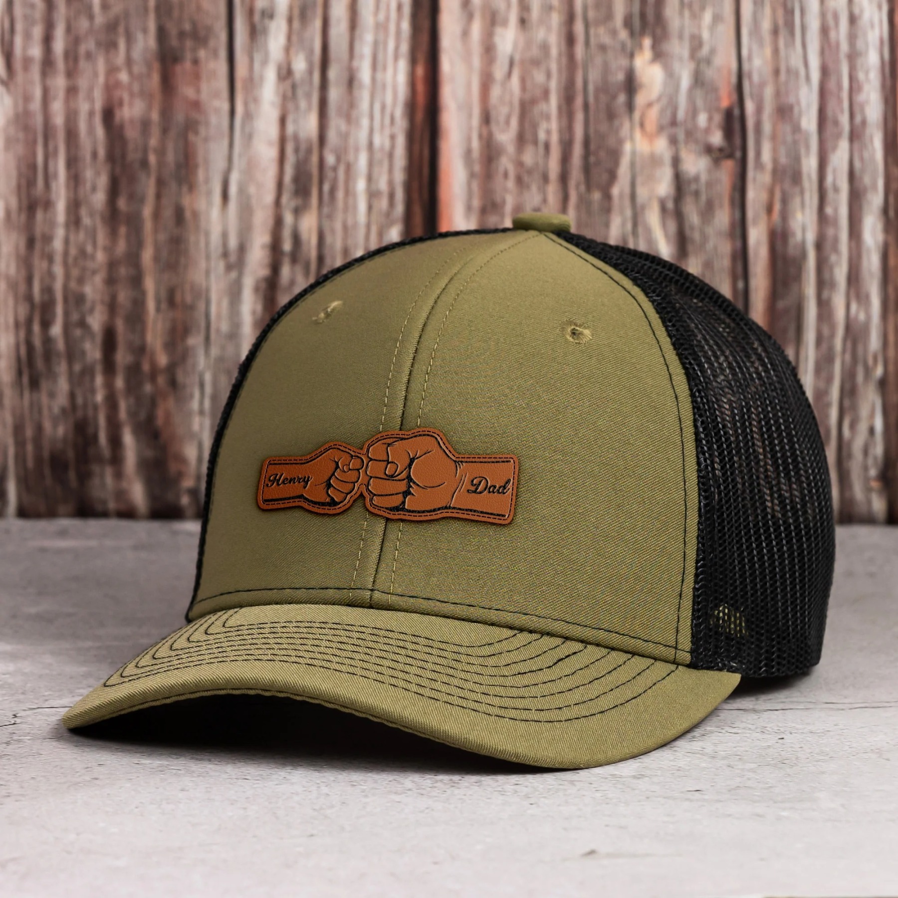 Custom Hat With Kids Names Fist Bump - Personalized Leather Patch Hat