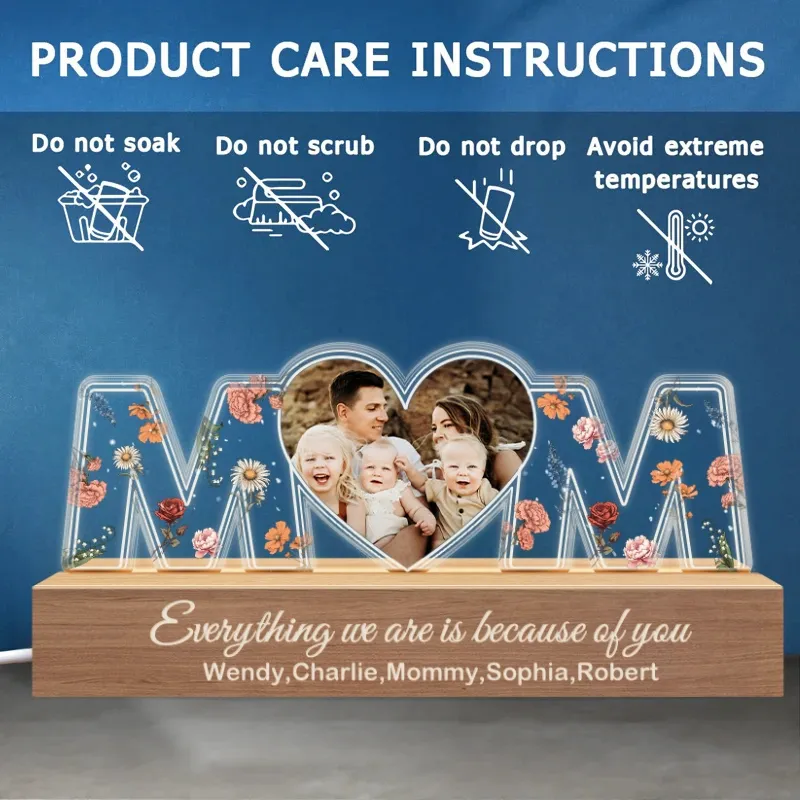 Customized Flower Print Photo LED Night Light, Birthday Flower, Gift For Mom, Gift For Grandma