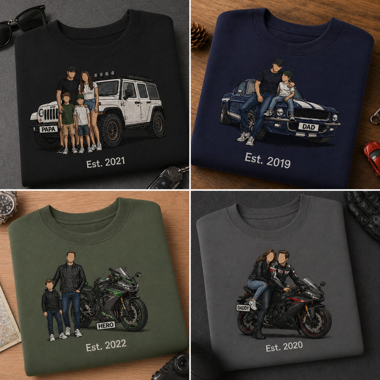 Personalized Dad Embroidered Sweatshirt with Family Portrait, Car & Custom Date