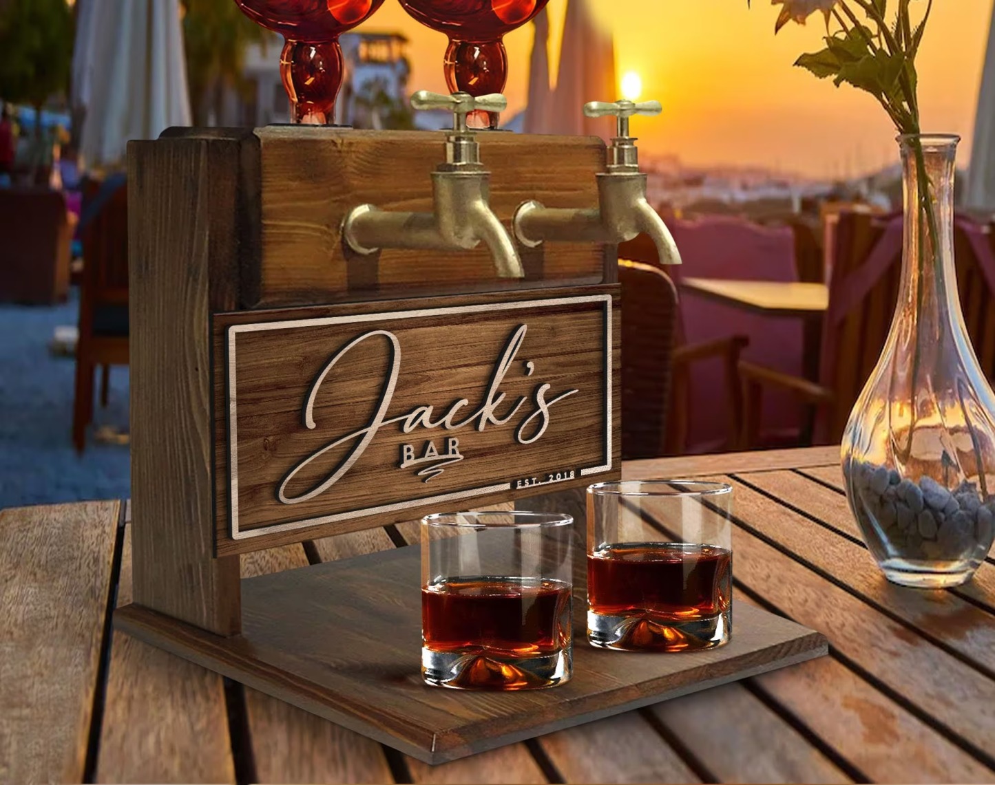 Personalized Embossed Named Wooden Double Faucet Whiskey Dispenser, Bar, Home Bar, Pub and Pub Shed, Wine, Vodka, Liquor Dispenser, Fountain