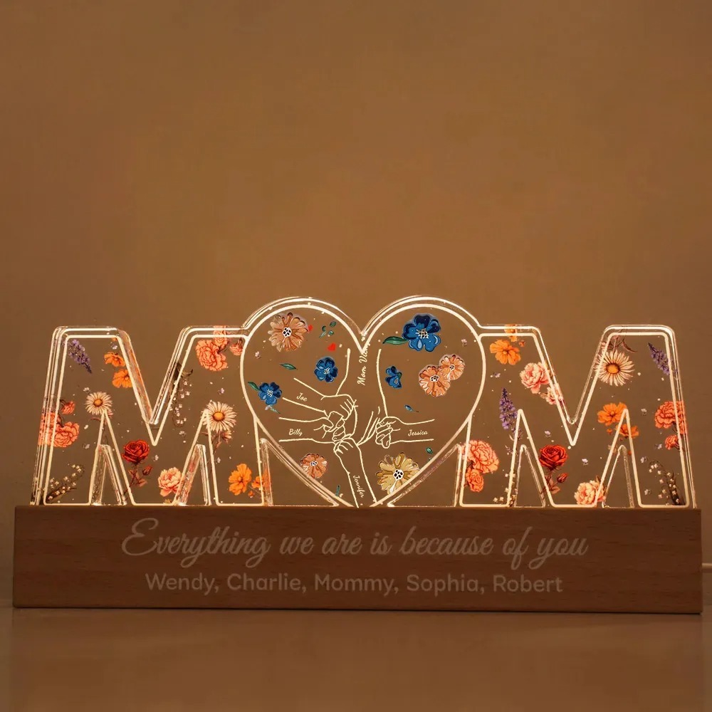 Customized Holding Mom‘s Hand With Flower Print LED Night Light, Birthday Flowers, Gift For Mom, Gift For Grandma