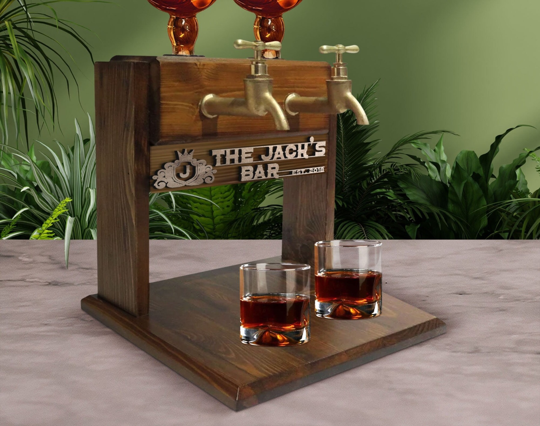 Personalized Embossed Named Wooden Double Faucet Whiskey Dispenser, Bar, Home Bar, Pub and Pub Shed, Wine, Vodka, Liquor Dispenser, Fountain
