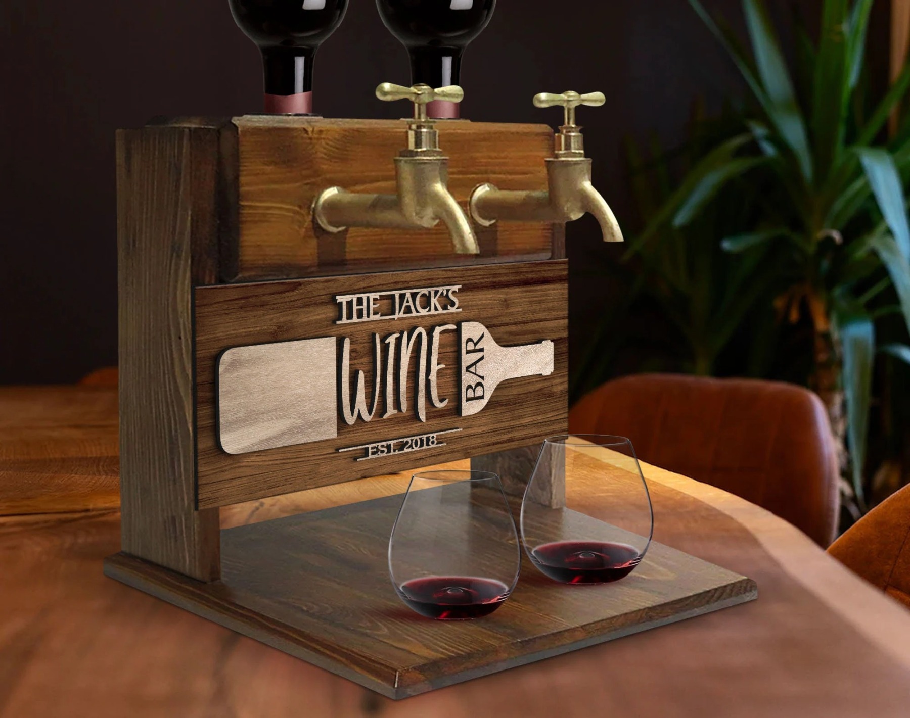 Personalized Embossed Named Wooden Double Faucet Wine Dispenser, Home Bar, Bar Decor, Whiskey, Vodka, Alcoholic Drink Fountain, Gift for Him