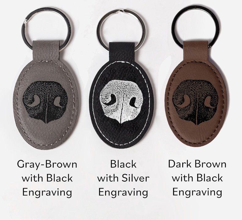 Personalized Pet Nose Print Keychain, Oval Vegan Leather Keyring, Pet Lover Memorial Keychain