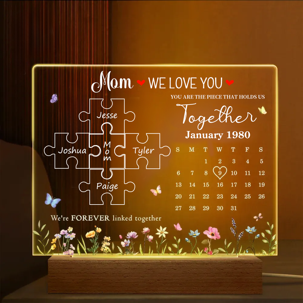 Personalized Mom WE LOVE YOU Puzzle Sign With Kids Names Led Light Wood Base