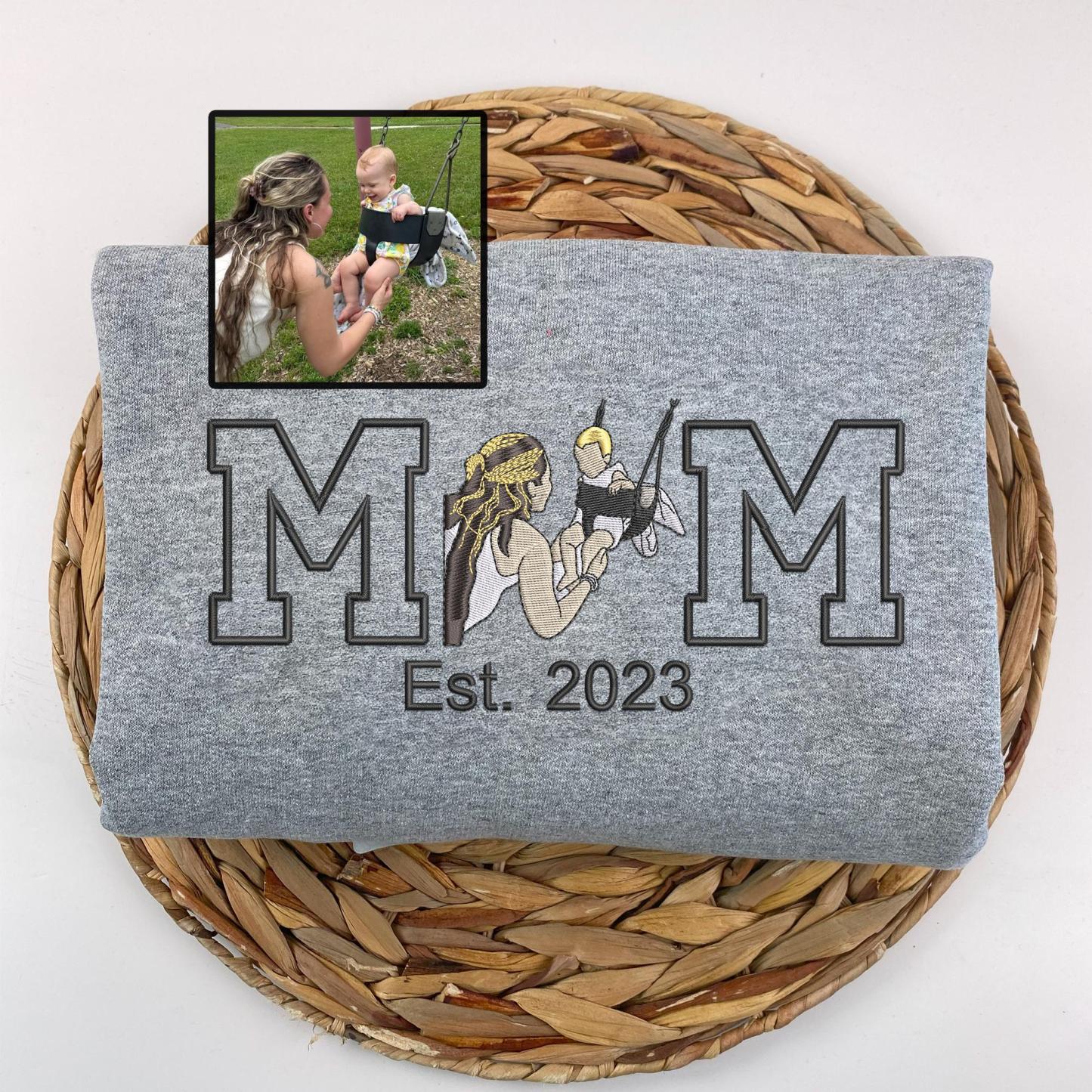 Custom Mama Photo Portrait Embroidery Sweatshirt With Kids Names