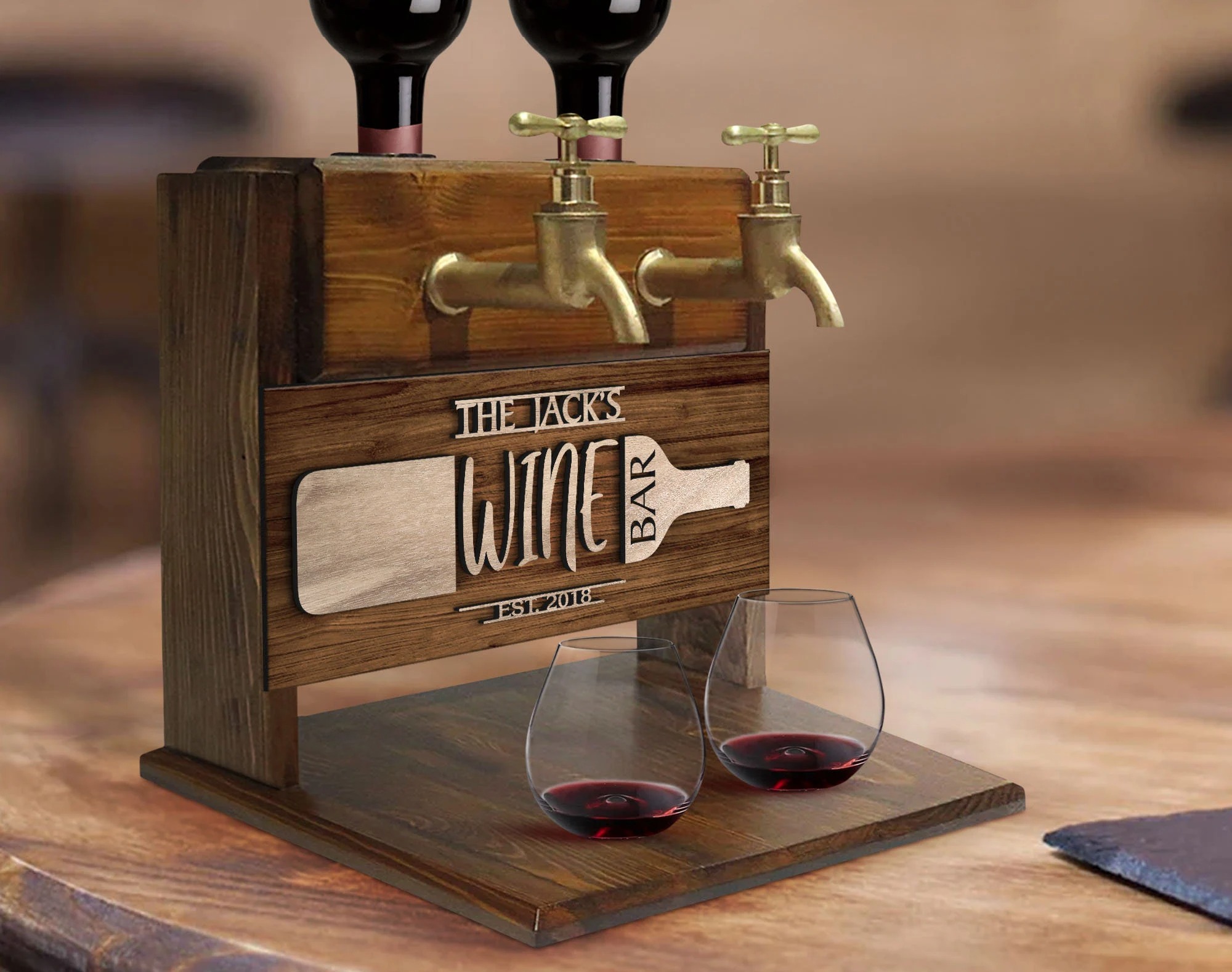 Personalized Embossed Named Wooden Double Faucet Wine Dispenser, Home Bar, Bar Decor, Whiskey, Vodka, Alcoholic Drink Fountain, Gift for Him