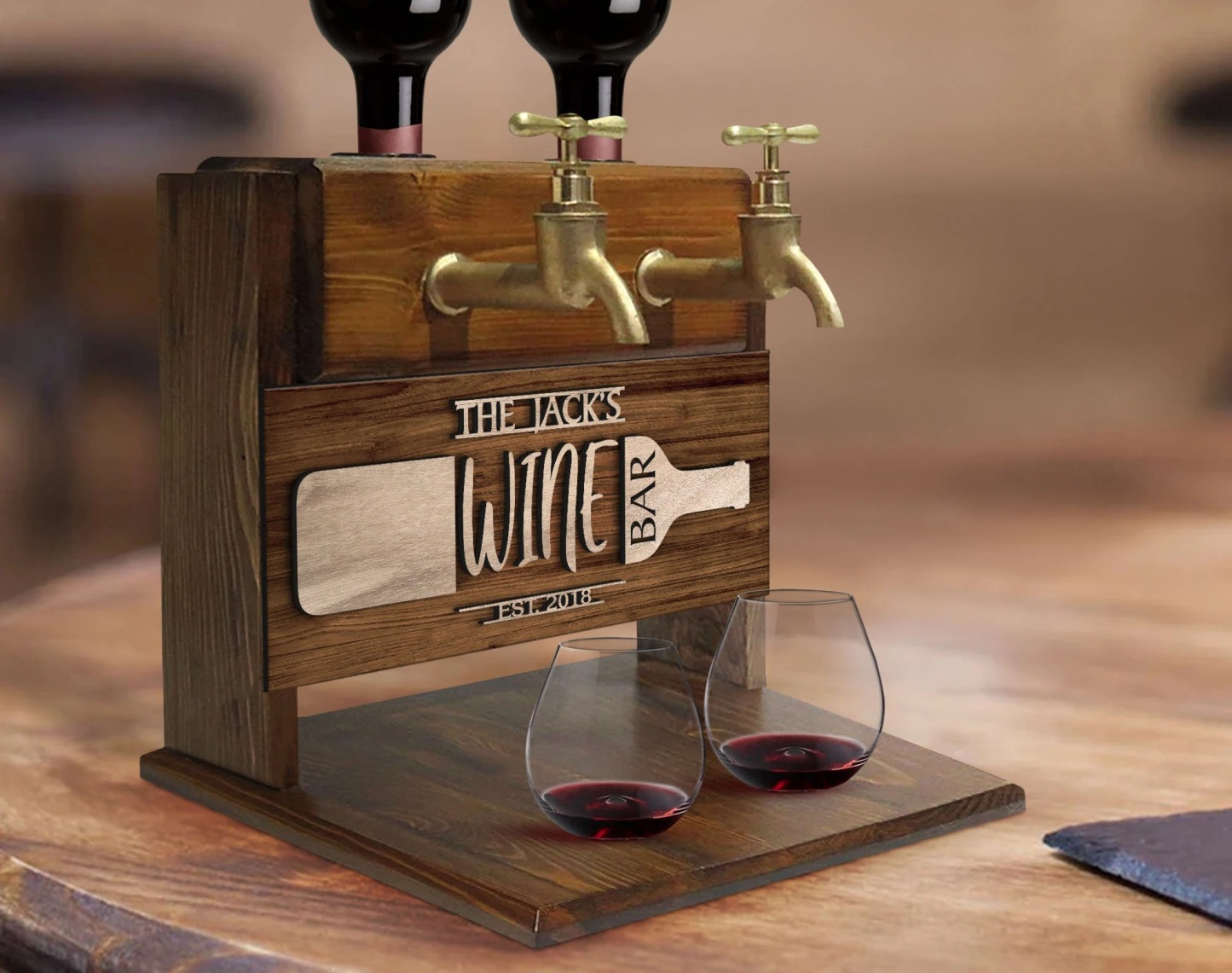 Personalized Embossed Named Wooden Double Faucet Wine Dispenser, Home Bar, Bar Decor, Whiskey, Vodka, Alcoholic Drink Fountain, Gift for Him
