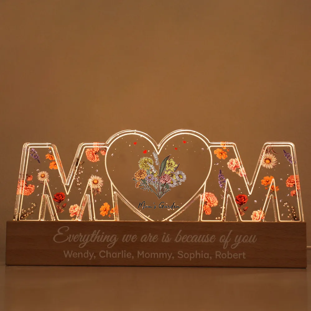 Customized Flower Print LED Night Light, Birthday Flowers, Gift For Mom, Gift For Grandma