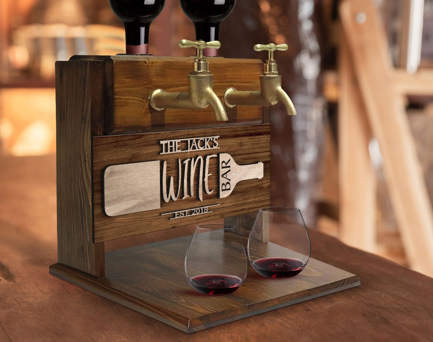 Personalized Embossed Named Wooden Double Faucet Wine Dispenser, Home Bar, Bar Decor, Whiskey, Vodka, Alcoholic Drink Fountain, Gift for Him