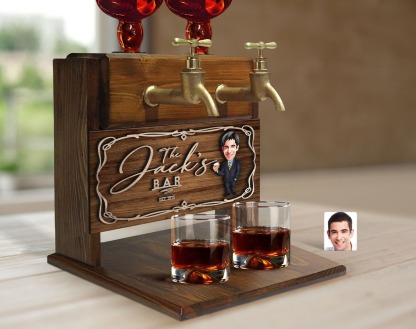 Personalized Cartoon Embossed Wooden Double Faucet Whiskey Dispenser, Bar, Home Bar, Pub and Pub Shed, Wine, Vodka Dispenser, Wood Fountain