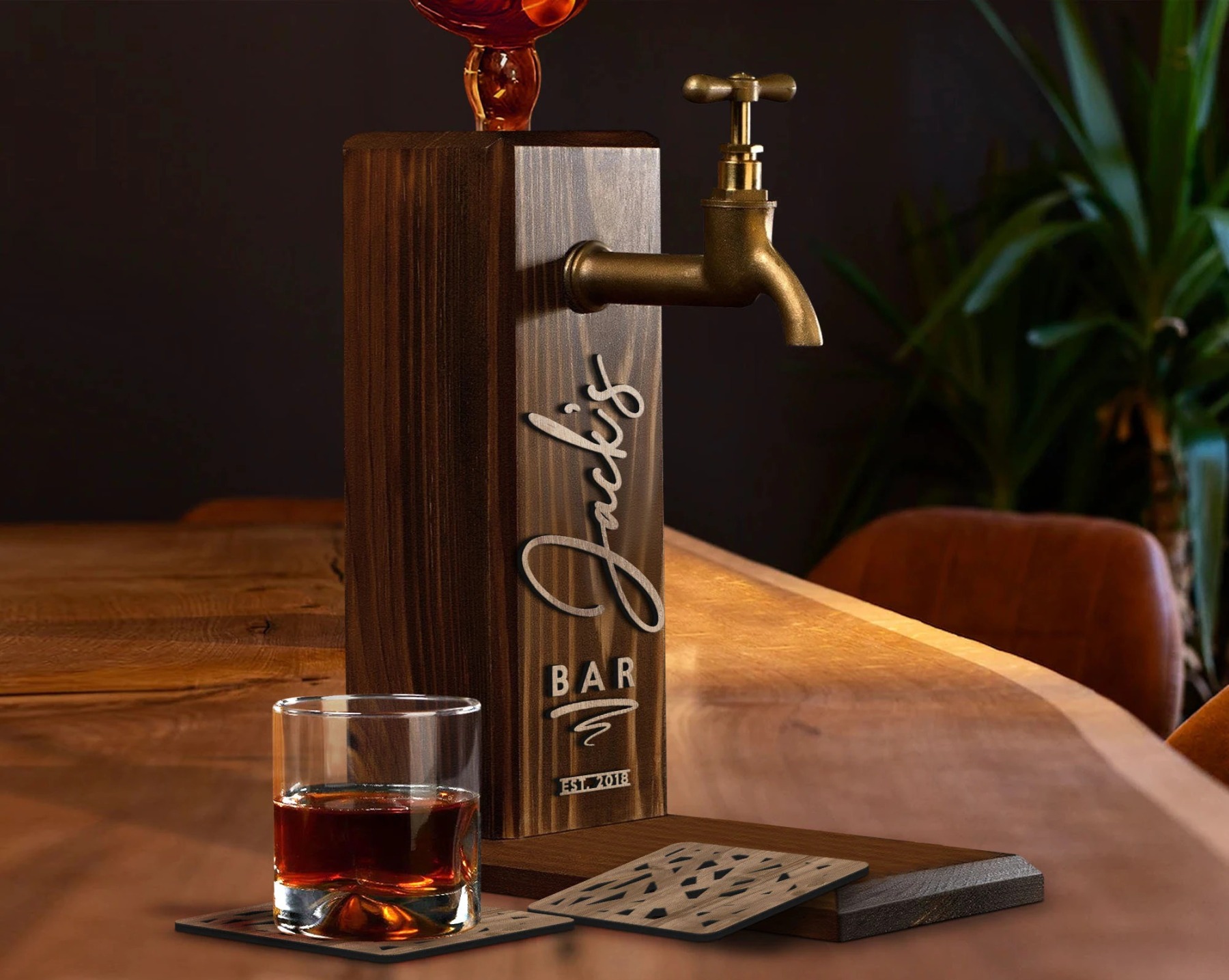 Personalized Embossed Named Wooden Whiskey Dispenser and Wood Coasters Set, Bar, Pub, Wine, Vodka, Liquor Dispenser, Wood Whiskey Fountain