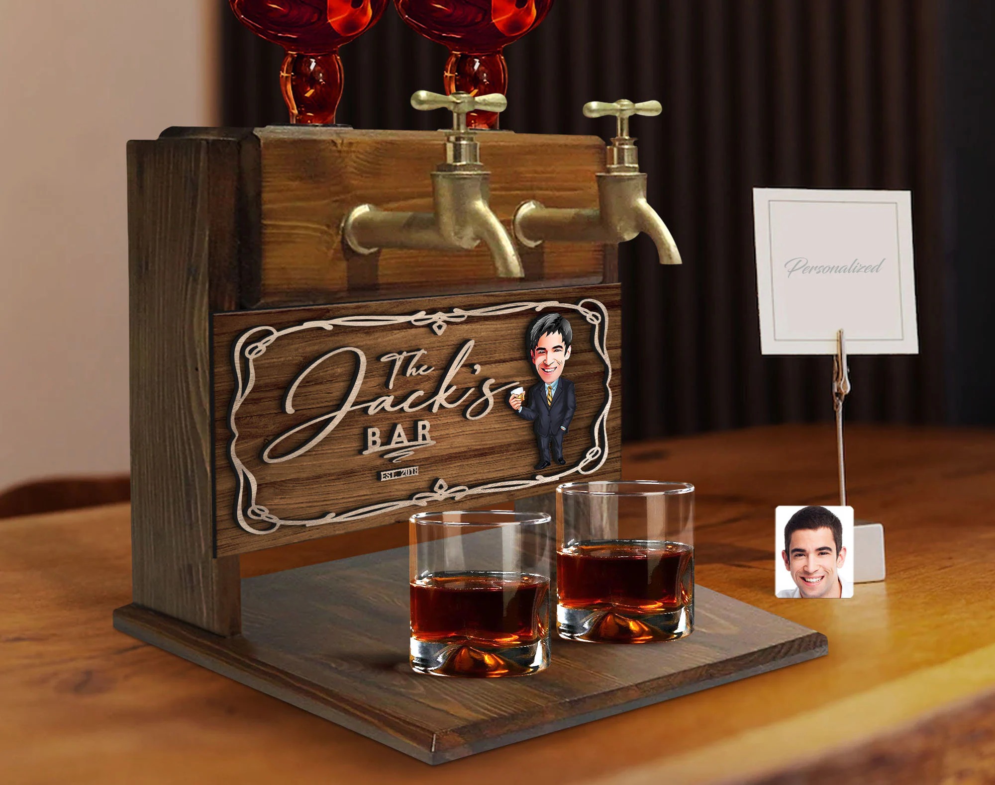Personalized Cartoon Embossed Wooden Double Faucet Whiskey Dispenser, Bar, Home Bar, Pub and Pub Shed, Wine, Vodka Dispenser, Wood Fountain