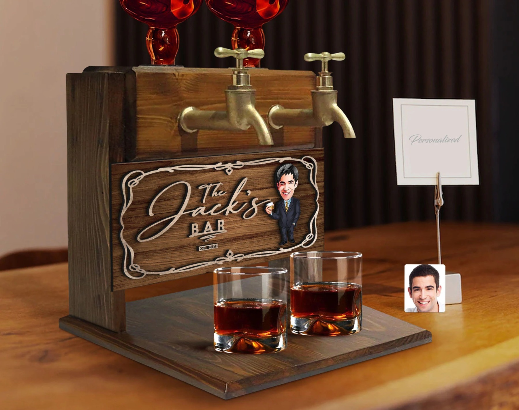 Personalized Cartoon Embossed Wooden Double Faucet Whiskey Dispenser, Bar, Home Bar, Pub and Pub Shed, Wine, Vodka Dispenser, Wood Fountain