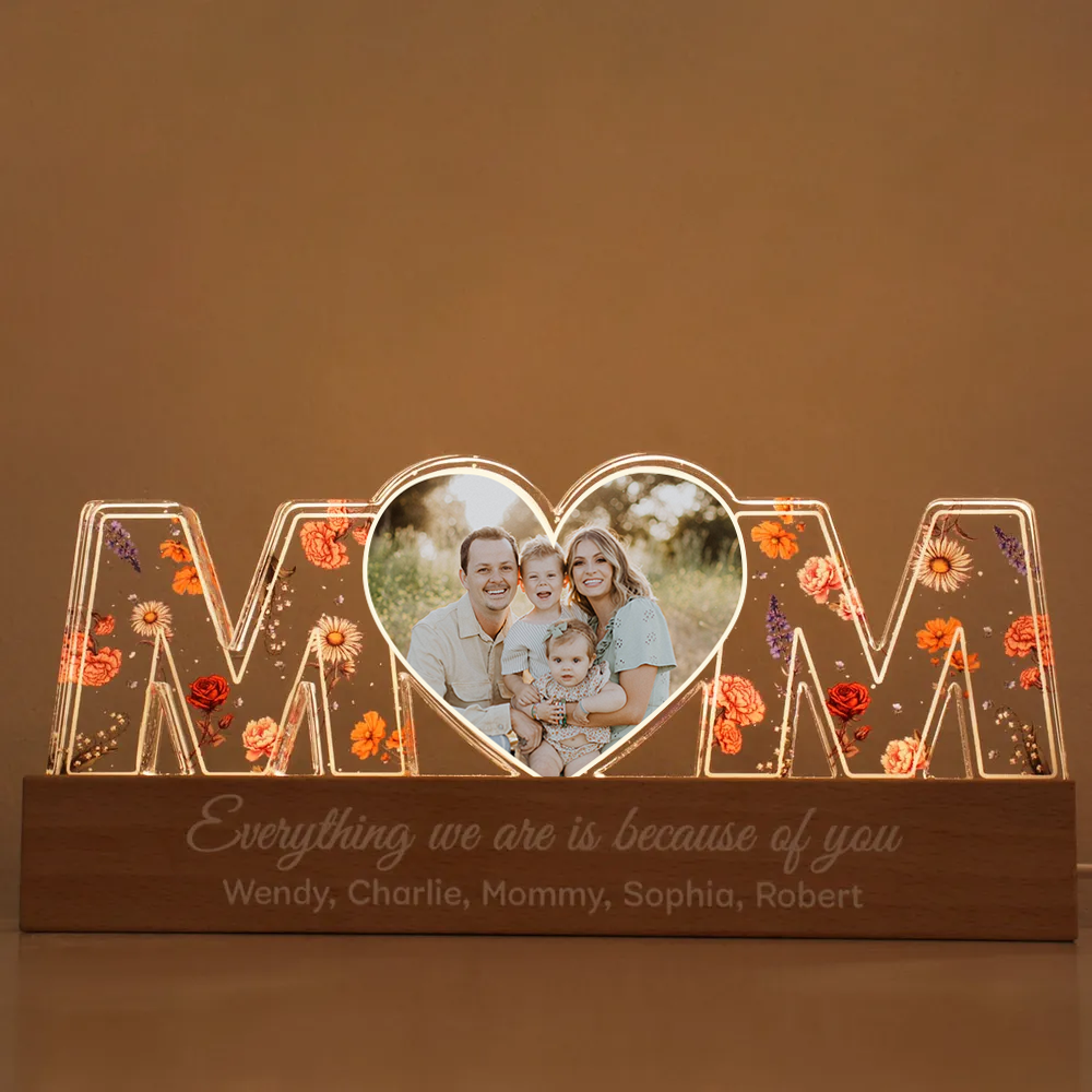 Customized Flower Print Photo LED Night Light, Birthday Flower, Gift For Mom, Gift For Grandma