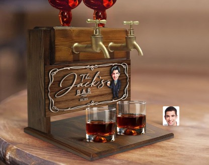 Personalized Cartoon Embossed Wooden Double Faucet Whiskey Dispenser, Bar, Home Bar, Pub and Pub Shed, Wine, Vodka Dispenser, Wood Fountain