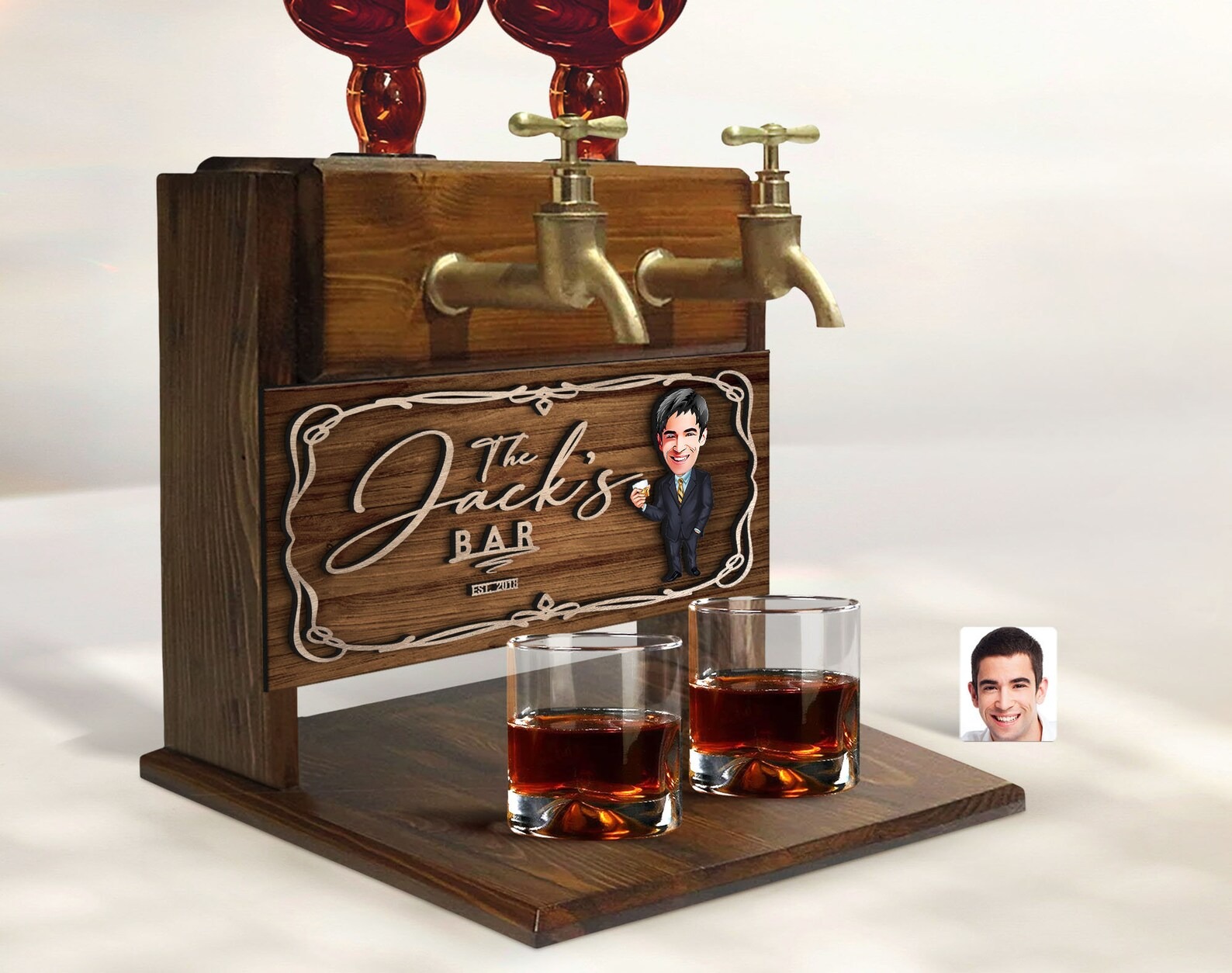 Personalized Cartoon Embossed Wooden Double Faucet Whiskey Dispenser, Bar, Home Bar, Pub and Pub Shed, Wine, Vodka Dispenser, Wood Fountain