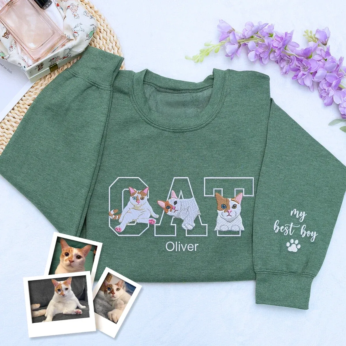 Custom Cat Life Shirt, Sweatshirt or Hoodie with Pet Portrait Photo, Unique Embroidered Gift for Pet Mom Dad