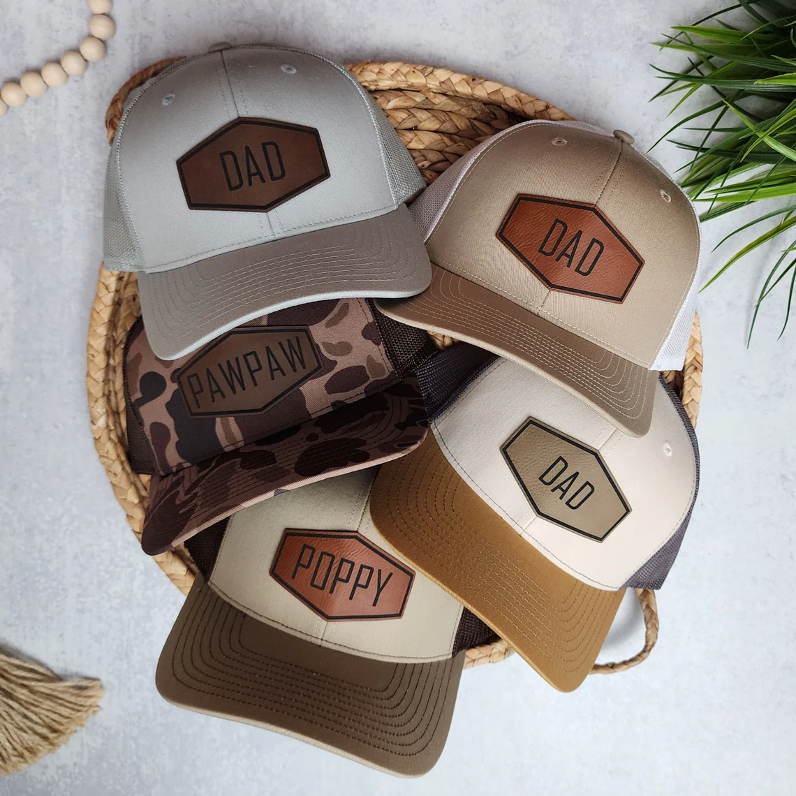Personalized Dad Hat with Name, Custom Leather Patch Trucker Hat, Father’s Day Gift for Men