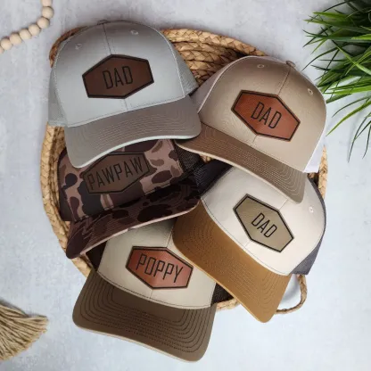 Personalized Dad Hat with Name, Custom Leather Patch Trucker Hat, Father’s Day Gift for Men