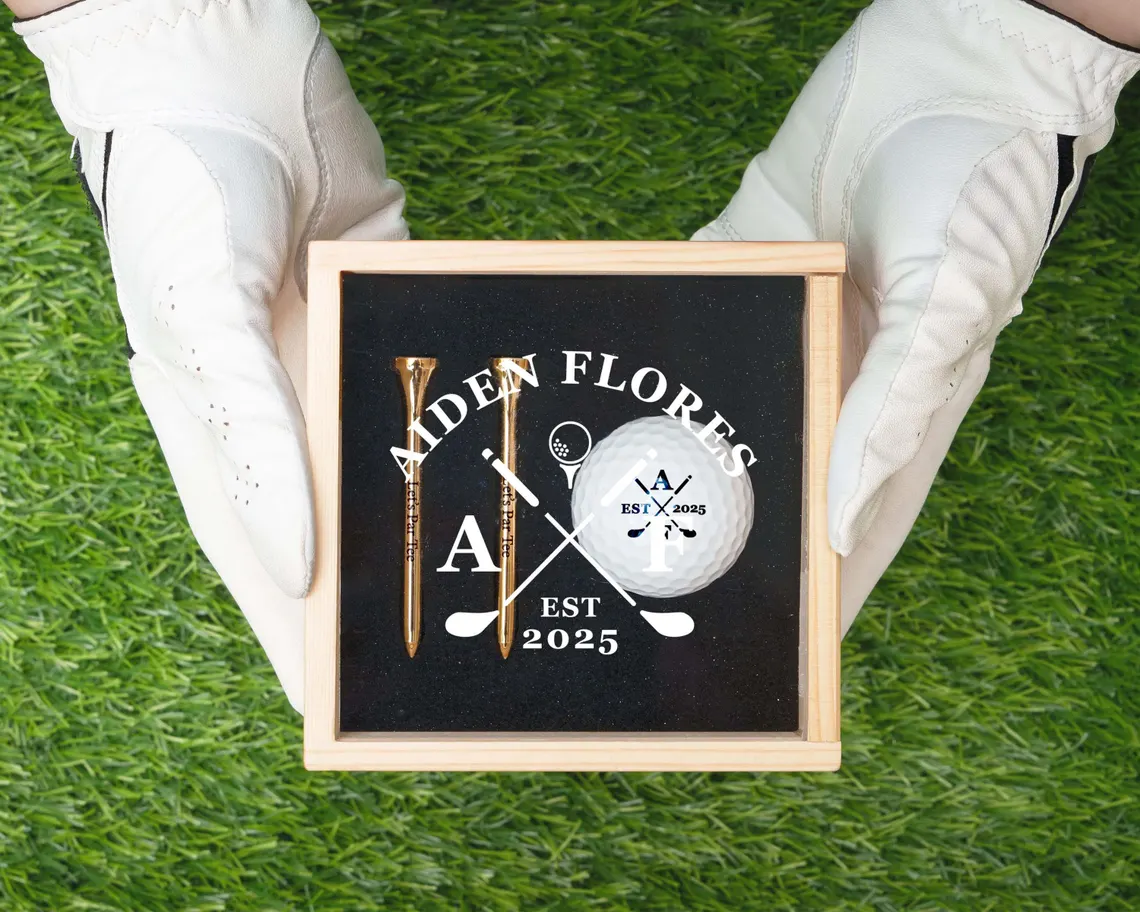 Custom Golf Gift Set with Golf Ball, Tees, Wooden Gift Box: Anniversary Gift for Him, Gift for Dad or Golfer