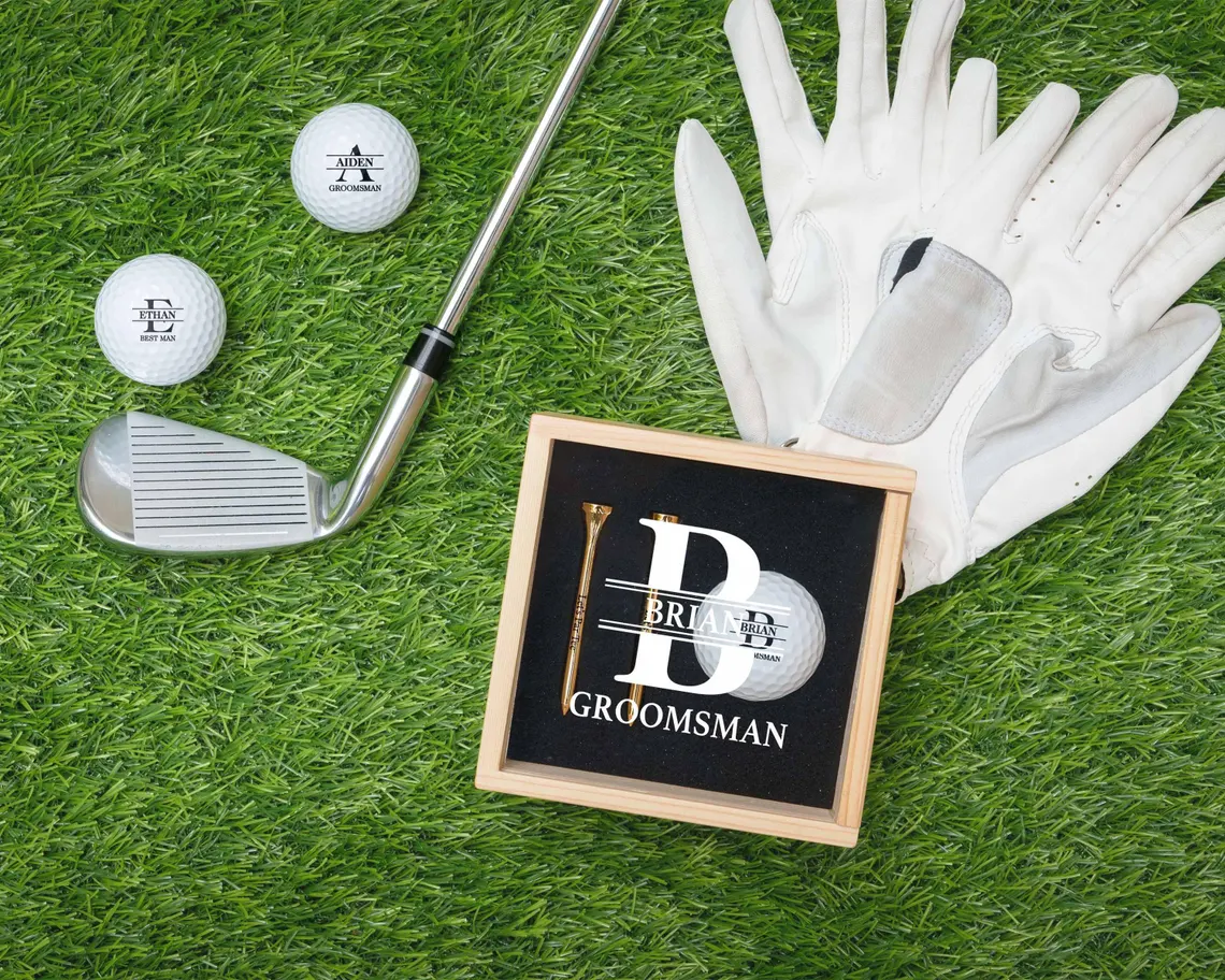 Custom Golf Gift Set with Golf Ball, Tees, Wooden Gift Box: Anniversary Gift for Him, Gift for Dad or Golfer