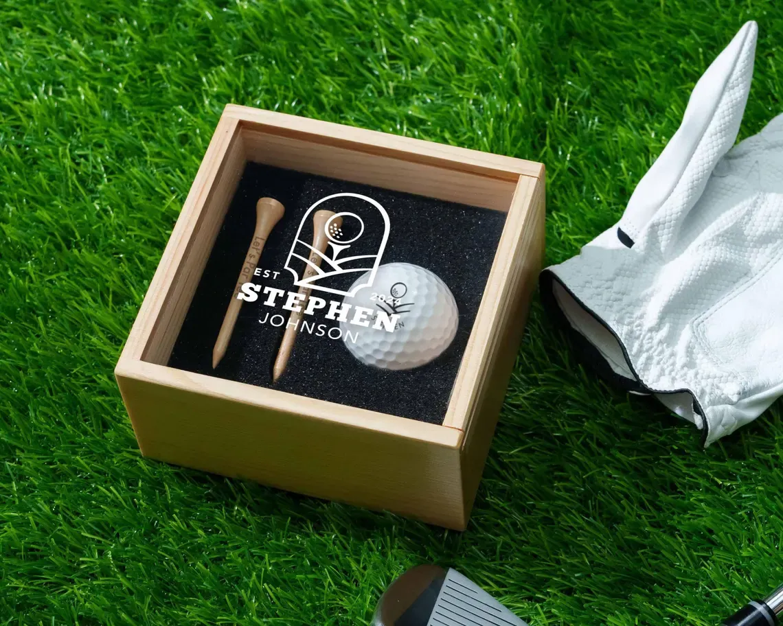 Custom Golf Gift Set with Golf Ball, Tees, Wooden Gift Box: Anniversary Gift for Him, Gift for Dad or Golfer