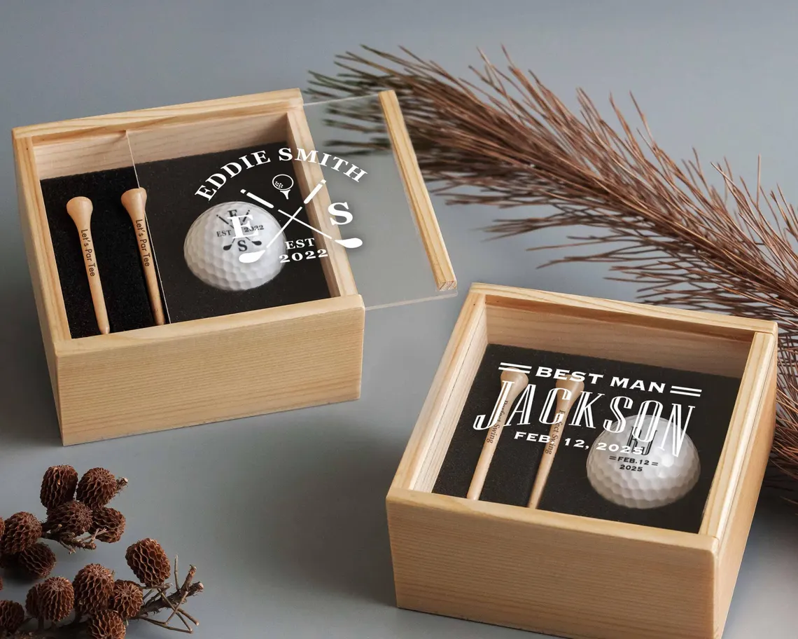 Custom Golf Gift Set with Golf Ball, Tees, Wooden Gift Box: Anniversary Gift for Him, Gift for Dad or Golfer