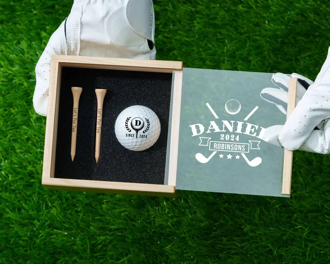 Custom Golf Gift Set with Golf Ball, Tees, Wooden Gift Box: Anniversary Gift for Him, Gift for Dad or Golfer