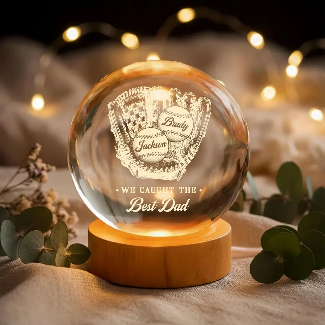 Custom Father's Day Gift We Caught The Best Dad Lamp, Personalized Baseball Dad Crystal Ball Night Light, Sports Dad Gift,Baseballl Dad Gift