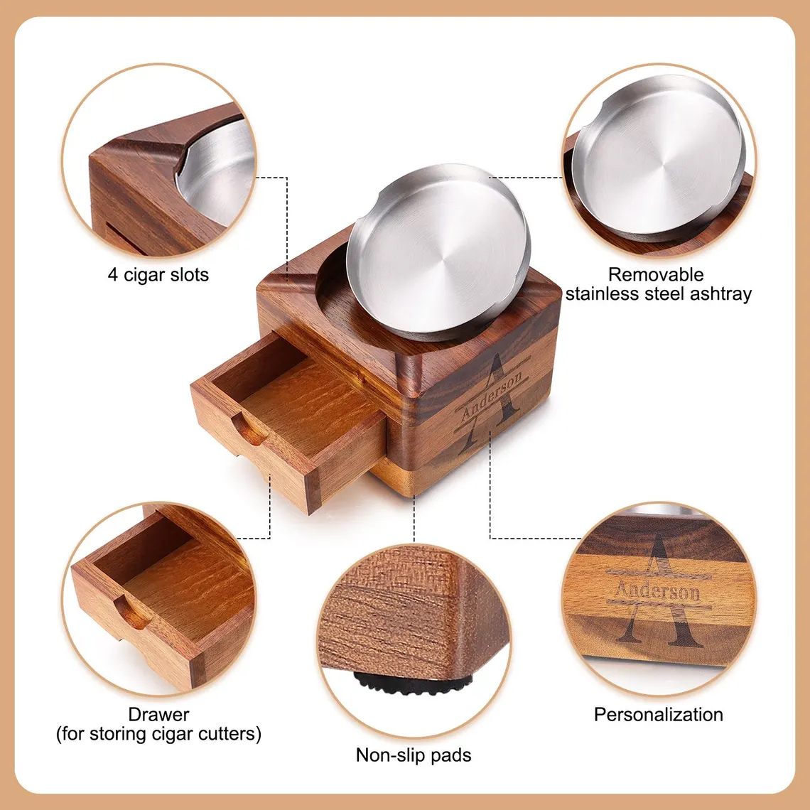 Personalized Whiskey & Cigar Tray Glass Holder Ashtray Whiskey, 2 in 1 Wooden Cigar Ashtray With Whiskey Glass Holder, Great Gifts for Men