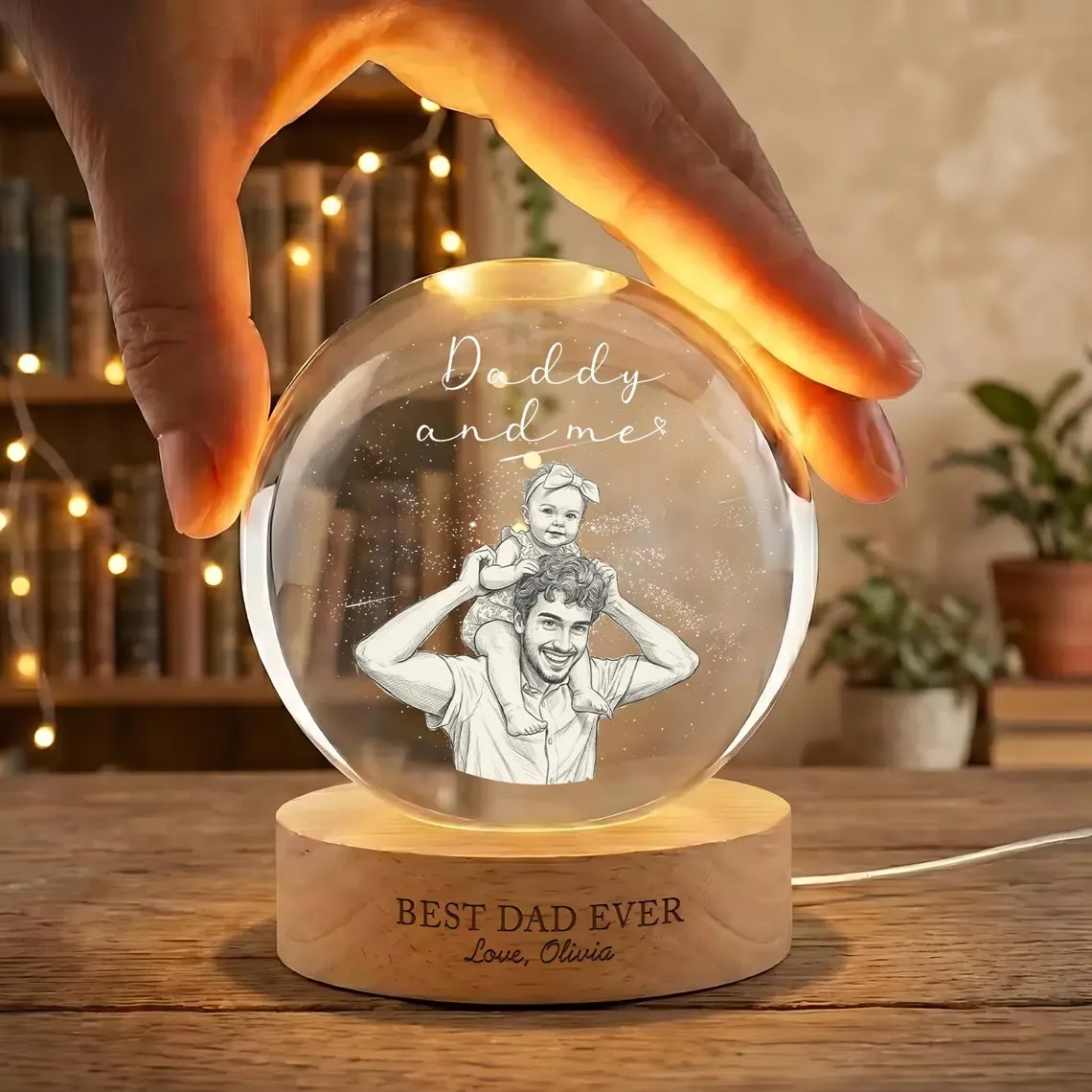 Personalized First Fathers Day Crystal Ball Light, Custom Dad Baby Photo Gift