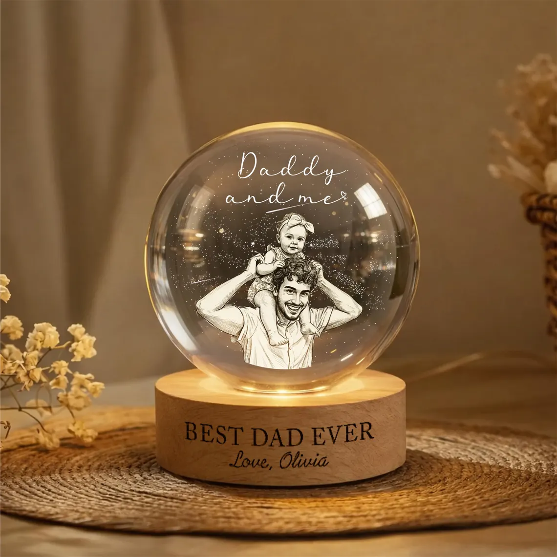Personalized First Fathers Day Crystal Ball Light, Custom Dad Baby Photo Gift