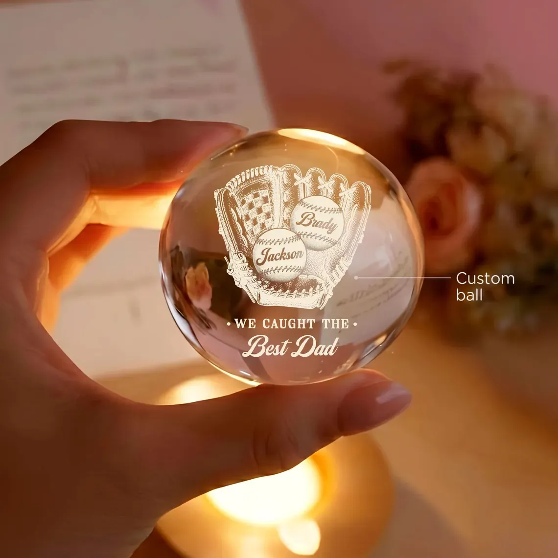 Custom Father's Day Gift We Caught The Best Dad Lamp, Personalized Baseball Dad Crystal Ball Night Light, Sports Dad Gift,Baseballl Dad Gift