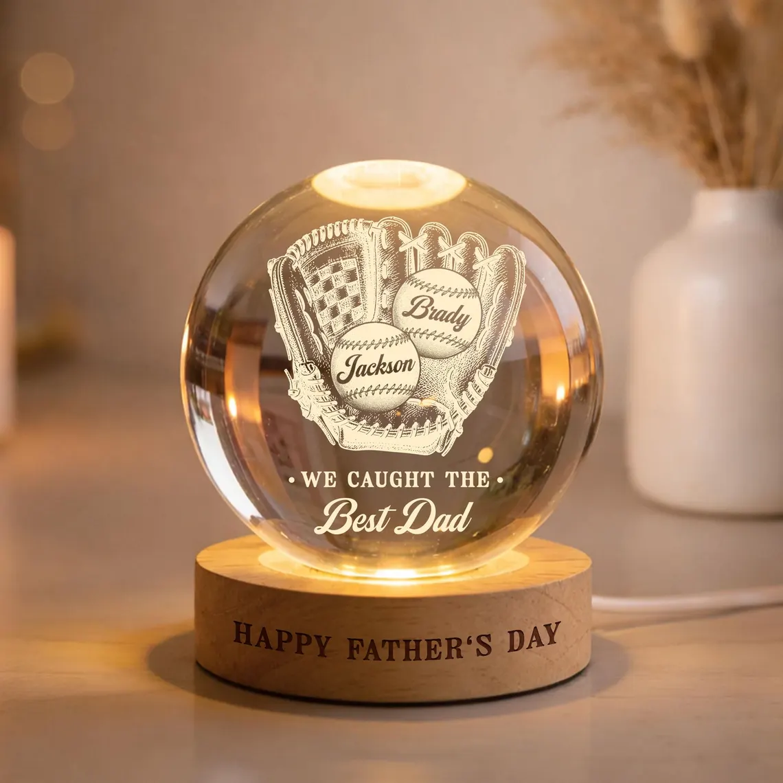 Custom Father's Day Gift We Caught The Best Dad Lamp, Personalized Baseball Dad Crystal Ball Night Light, Sports Dad Gift,Baseballl Dad Gift