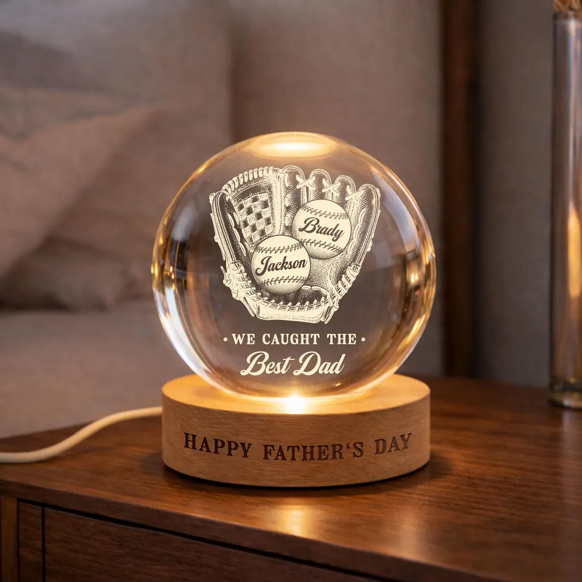 Custom Father's Day Gift We Caught The Best Dad Lamp, Personalized Baseball Dad Crystal Ball Night Light, Sports Dad Gift,Baseballl Dad Gift