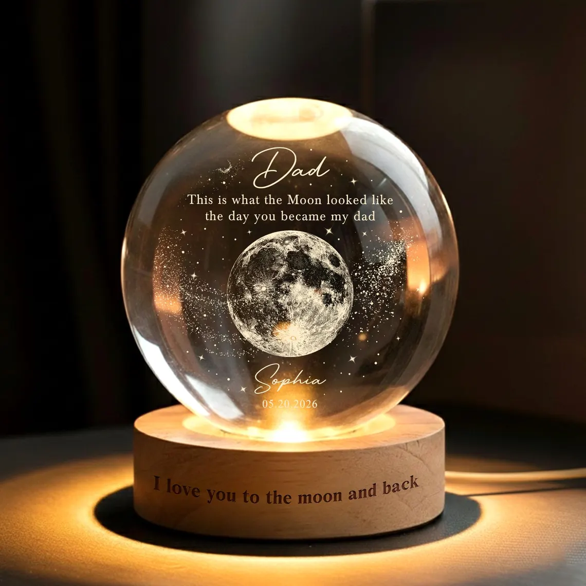 Personalized Dad Moons Phase Crystal Ball Night Light, The Day You Became My Dad Gift