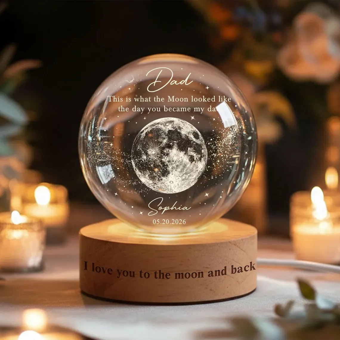 Personalized Dad Moons Phase Crystal Ball Night Light, The Day You Became My Dad Gift