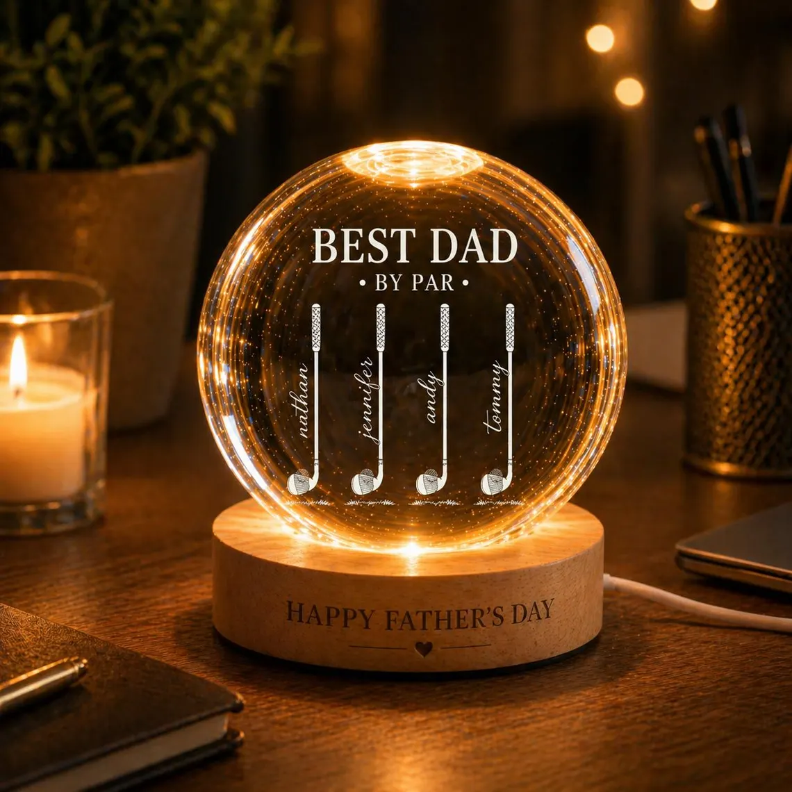 Custom Golf Dad Crystal Ball Night Light,Best Dad By Par Gift