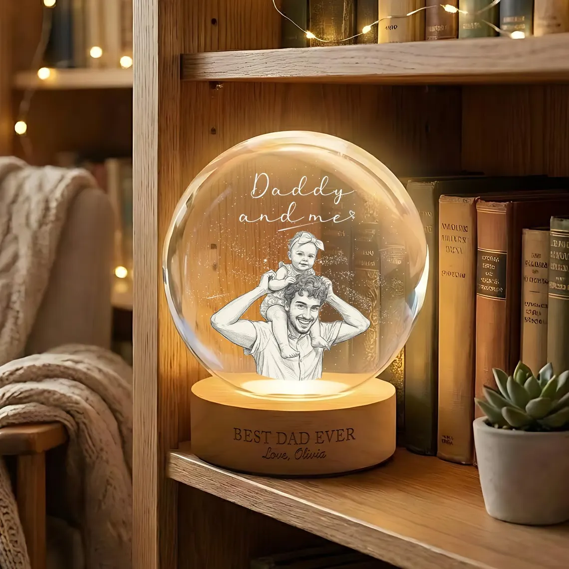 Personalized First Fathers Day Crystal Ball Light, Custom Dad Baby Photo Gift