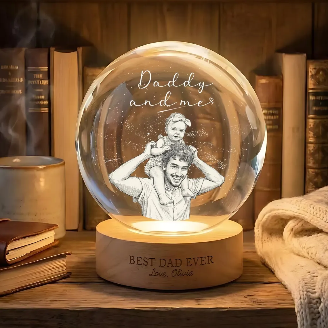 Personalized First Fathers Day Crystal Ball Light, Custom Dad Baby Photo Gift