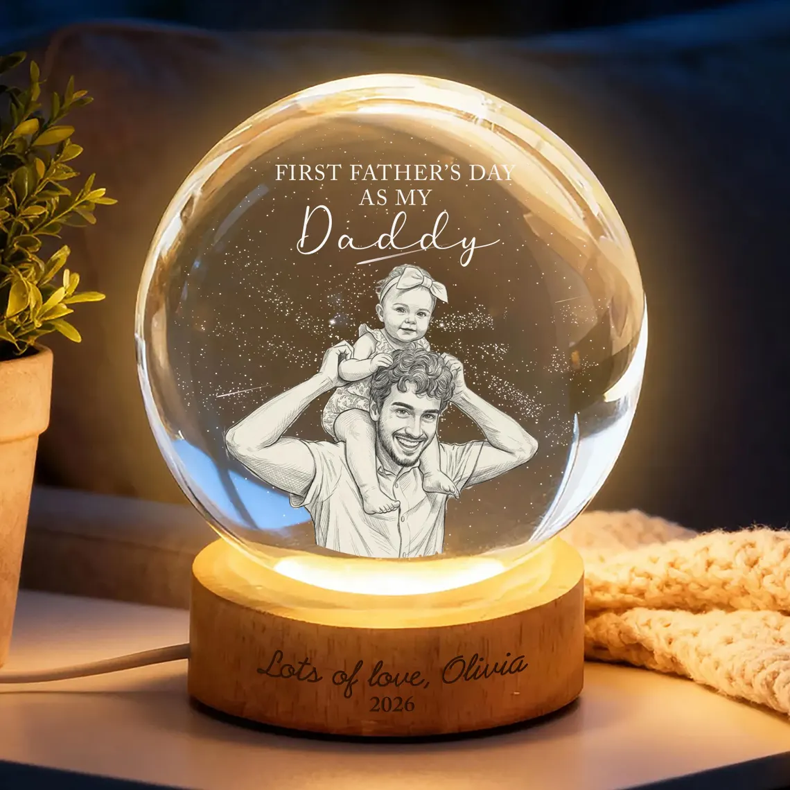 Personalized First Fathers Day Crystal Ball Light, Custom Dad Baby Photo Gift 商品缩略图
