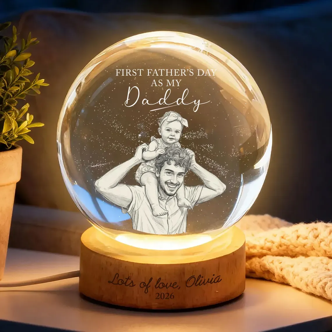 Personalized First Fathers Day Crystal Ball Light, Custom Dad Baby Photo Gift