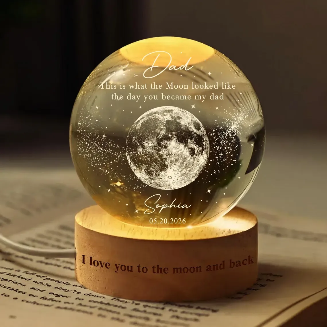 Personalized Dad Moons Phase Crystal Ball Night Light, The Day You Became My Dad Gift