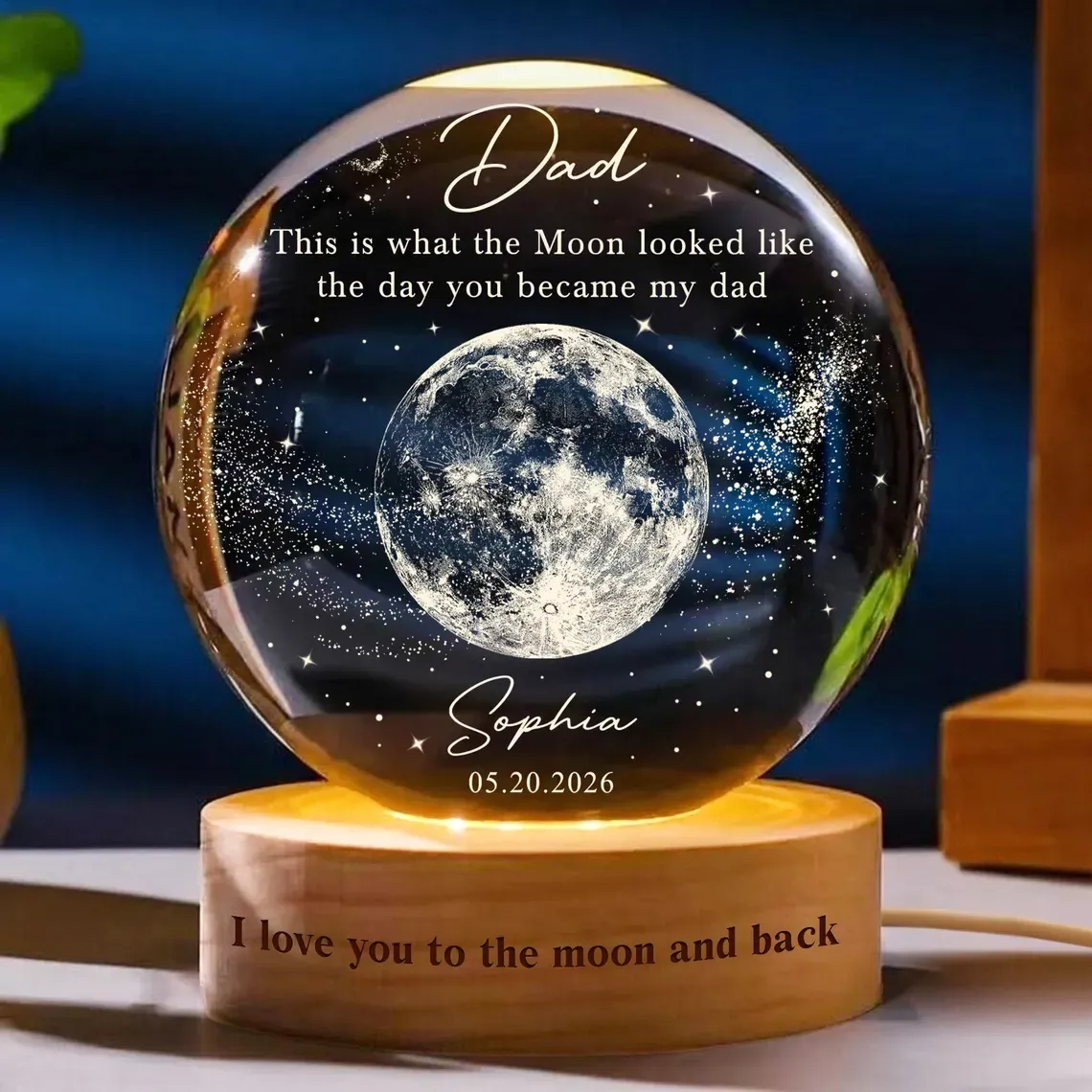 Personalized Dad Moons Phase Crystal Ball Night Light, The Day You Became My Dad Gift