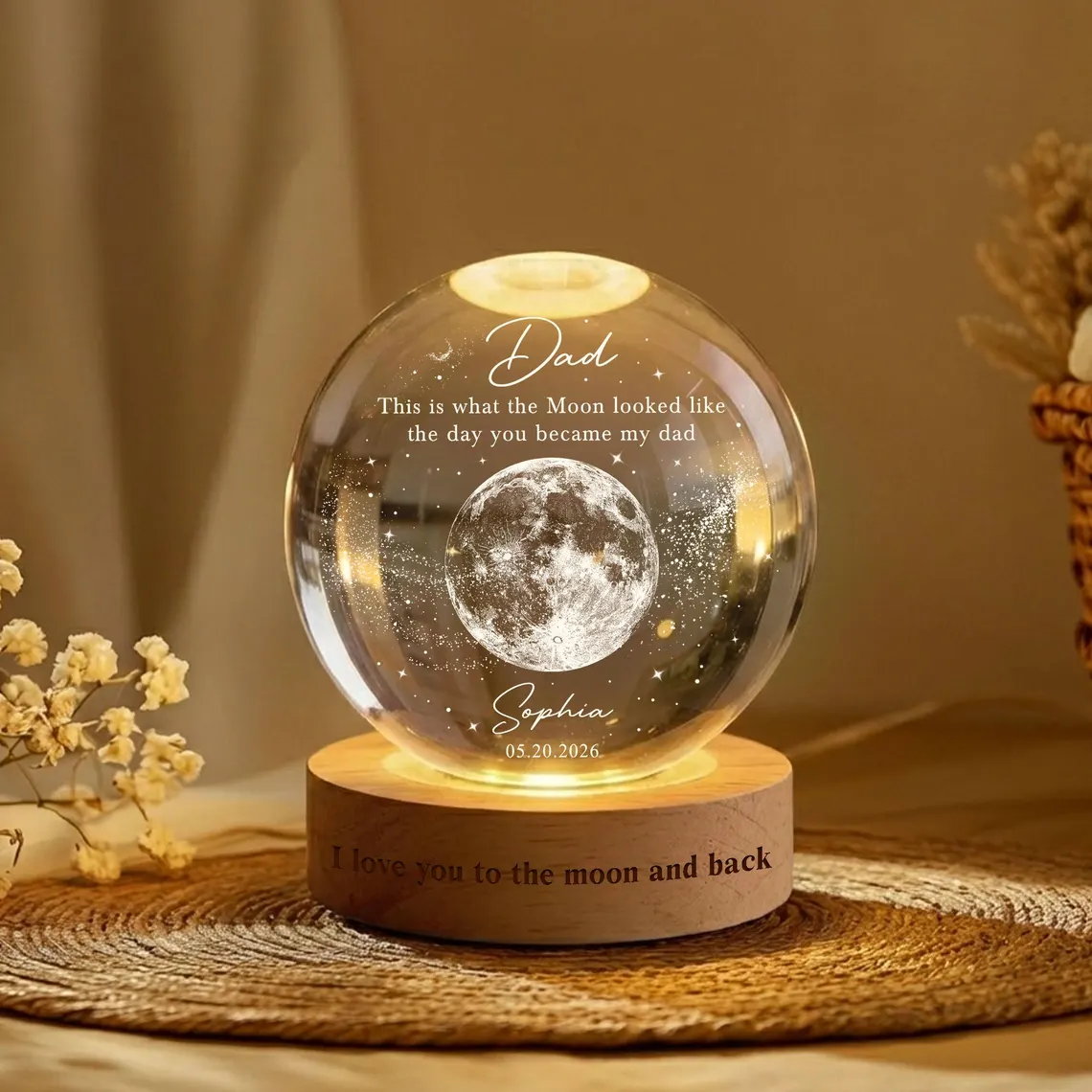 Personalized Dad Moons Phase Crystal Ball Night Light, The Day You Became My Dad Gift 商品缩略图