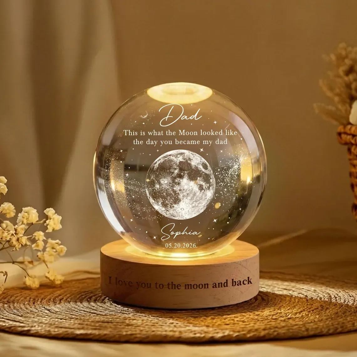 Personalized Dad Moons Phase Crystal Ball Night Light, The Day You Became My Dad Gift