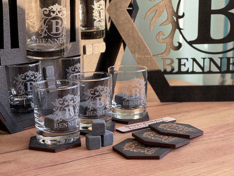 Whiskey Decanter Set, Whiskey Stones, Bourbon Decanter Set, Whiskey Glasses, Personalized Christmas Gift